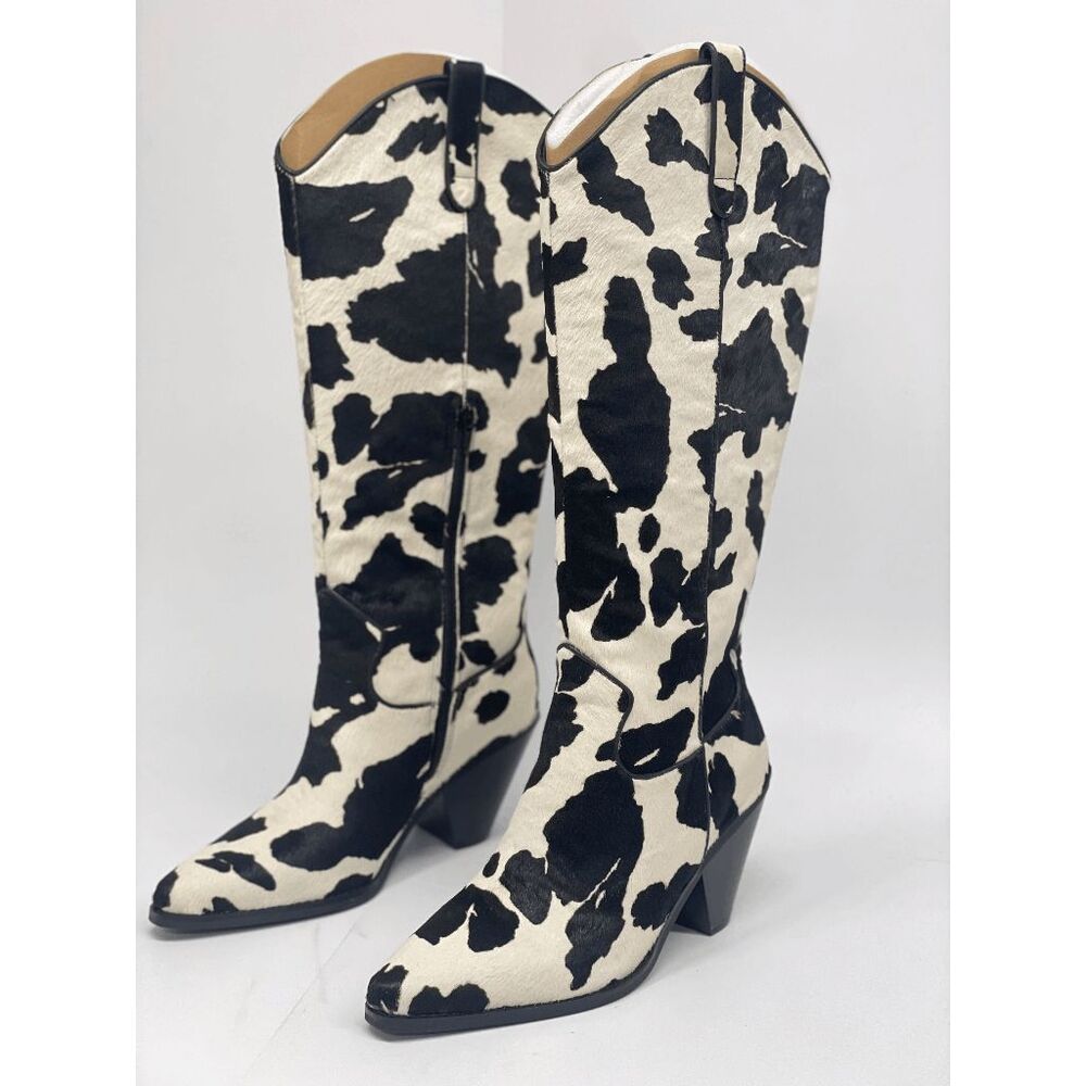 Cow Print Knee-High Western Boots - Black & White